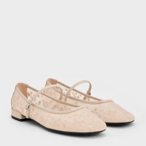 Giày búp bê Mesh Embroidered Floral - Nude